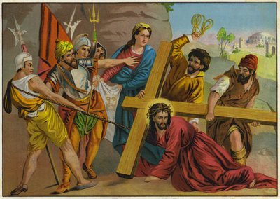 Jeesus kaatuu ristinsä painon alla matkalla ristiinnaulitsemiseen (värilitografia). tekijältä German School