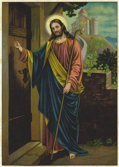 Jeesus koputtaa talon oveen (värilitografia). tekijältä German School