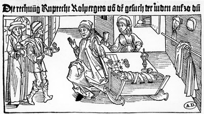 Juutalainen rahalainaaja perheineen vastaanottamassa asiakkaita, 1491 (puukaiverrus) tekijältä German School