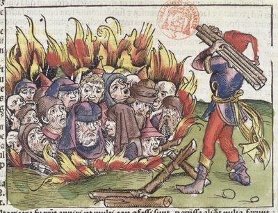 Roviolla poltetut juutalaiset, Hartmann Schedelin (1440-1514) Nürnbergin kronikasta, 1493 (värillinen puupiirros) tekijältä German School