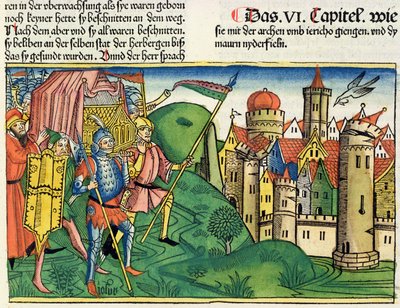 Joosua 6 4-21 Jerikon kukistuminen, Nürnbergin Raamatusta (Biblia Sacra Germanaica) (värillinen puupiirros) tekijältä German School