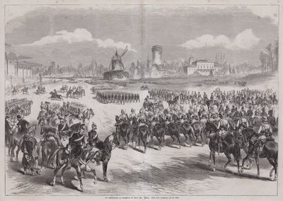 Saksan keisari Wilhelm I katsomassa armeijan paraatiaan Longchampissa, Pariisissa, Ranskassa, maaliskuu 1871 (kaiverrus) tekijältä German School