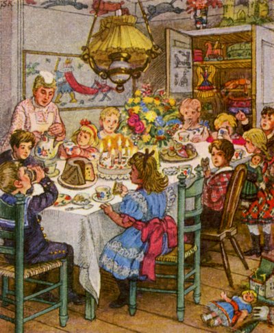 Kindergeburtstag / Lasten syntymäpäivä (värilitografia) tekijältä German School