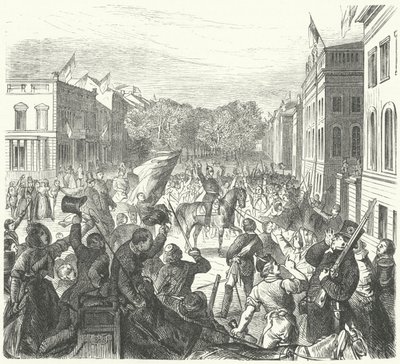 Preussin kuningas Frederick William IV ratsastamassa Berliinin yliopiston ohi matkalla mellakoissa kuolleiden siviilien joukkohautajaisiin, 21. maaliskuuta 1848 (kaiverrus) tekijältä German School