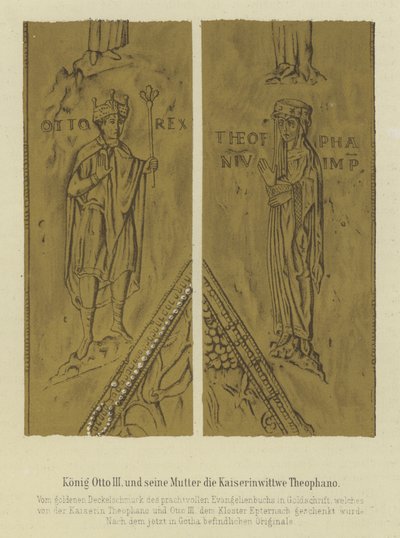 Kuningas Otto III ja hänen äitinsä Theophania, Otto II:n keisarinna puoliso, Pyhän Rooman keisari (väri litho) tekijältä German School