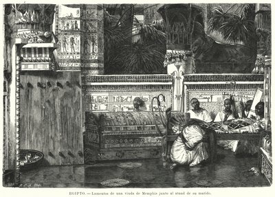 Lesken itku miehensä arkun vieressä Memphisissä, muinaisessa Egyptissä (litho) tekijältä German School