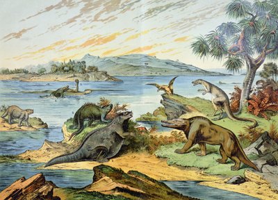 Maisema, joka kuvaa liitukauden ajanjaksoa (146–65 miljoonaa vuotta sitten) kuva Mineralogia ja paleontologiasta Natural History of G.H. von Schubert, 1888 tekijältä German School