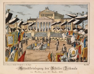 Schiller-monumentin peruskiven muuraus Gendarmenmarktissa Berliinissä 10. marraskuuta 1859 Schauspielhaus taustalla, Oehmigle & Ri:n julkaisema Neuruppiner Bilderbogen tekijältä German School