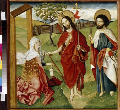 Kristus, Maria Magdaleena ja pyhä Barthelemy (tai Natanael, apostoli) (Kristus, Maria Magdaleena ja pyhä Bartolomeus). Voi olla esitys ""Noli me tangeresta"": näystä ylösnousseesta Kristuksesta Pyhässä Magdalan Mariassa. Jeesus Kristus pitelee verhoa tekijältä German School
