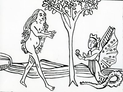 Lilith, siivekäs ja kruunu, käärmeenhännällä, tarjoaa omenan Eevalle 