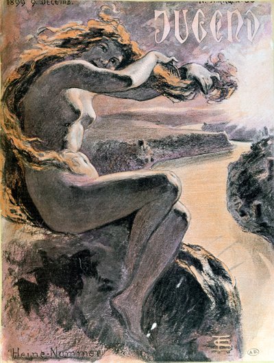 Lorelei ja Rein-joki, runoilija Heinrich Heinelle (1797-1856) omistetun Jugend-lehden erikoisnumeron kansi, 9. joulukuuta 1899 tekijältä German School