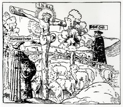 Luther (1483-1546) ja Hus (1369-1415) Kristuksen kanssa lammastarhassa, n. 1520-21 tekijältä German School
