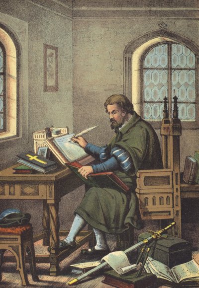 Luther naamioitunut Junker Jorgiksi Uuden testamentin Wartburg-käännöksessä (chromolitho) tekijältä German School