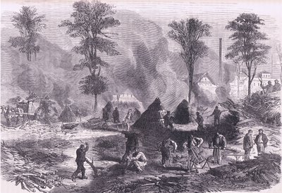 Hiilen valmistus ruutia varten, Cassells History of the War of the France ja Saksa, julkaisija Cassell and Company Limited, n. 1890 (litho) tekijältä German School