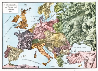 Kartta Euroopasta vuonna 1914, julkaisu 1915 (värilitografia) tekijältä German School