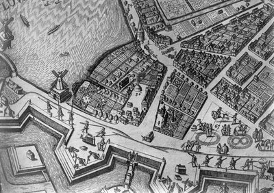 Hampurin kartta, jossa näkyy sen ensimmäinen oopperatalo, 1690 tekijältä German School