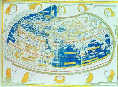 Maailmankartta, joka perustuu Ptolemaios (Claudius Ptolemaios Aleksandrialainen) (n. 90-168 jKr) "Geographiassa" annettuihin kuvauksiin ja koordinaatteihin, julkaistu Ulmissa Saksassa tekijältä German School