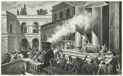Mark Antony käynnistää mellakan puheessaan Julius Caesarin hautajaisissa, 44 eKr. (kaiverrus) tekijältä German School