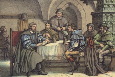Martin Luther keskustelussa opiskelijoiden kanssa Gasthof der Barenissa, Jenassa (chromolitho) tekijältä German School
