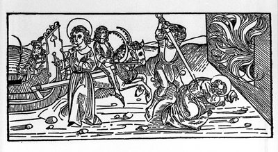 Pyhän Polykarpoksen Smyrnalaisen marttyyrikuolema (n. 69-155), eveque. Kaiverrus "Leben der Heiligen - Sommerteil (pyhimysten kirja)" Jacobus (James) Voragine (1228-1298) tekijältä German School