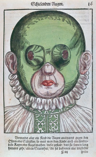 Naamio karsastuksen hoitoon, Georg Bartischin (1535-1636) Ophthalmodouleiasta, joka julkaistiin Dresdenissä vuonna 1583 (värillinen puupainatus) tekijältä German School