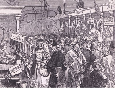 Lihamarkkinat Pariisissa, Cassells, Ranskan ja Saksan välisen sodan historia, julkaisija Cassell and Company Limited, n. 1890 (litho) tekijältä German School