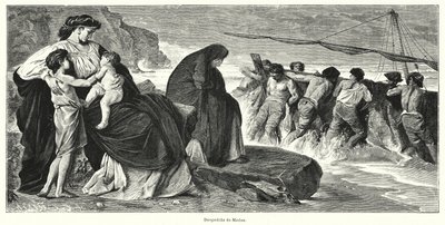 Medean jäähyväiset: kohtaus Euripideksen antiikin kreikkalaisesta tragediosta Medea, joka perustuu legendaan Medeasta ja Jasonista (litho) tekijältä German School