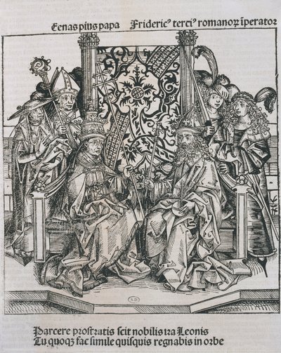Paavi Pius II:n ja Saksan keisarin Fredrik III:n tapaaminen (kaiverrus) tekijältä German School