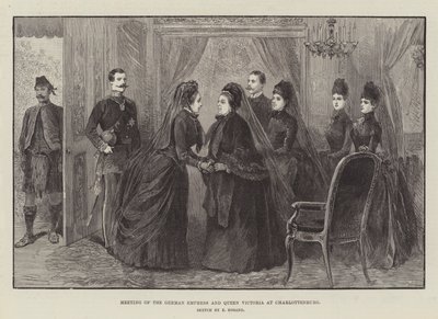 Saksan keisarinnan ja kuningatar Victorian tapaaminen Charlottenburgissa (kaiverrus) tekijältä German School