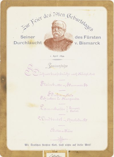 Menu prinssi von Bismarckin 79-vuotispäivän juhliin 1. huhtikuuta 1894 tekijältä German School