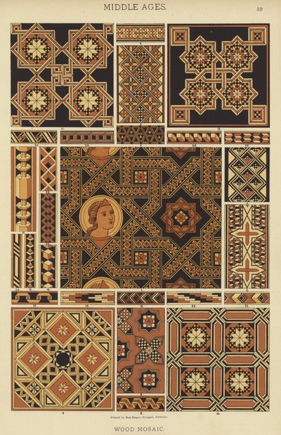 Keskiaika, puumosaiikki (väri litho) tekijältä German School