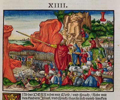 Mooses ylittää Punaisenmeren, Lutherin Raamatusta, n. 1530 (värillinen puupiirros) tekijältä German School