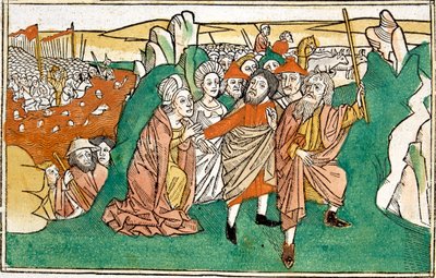 Mooses Punaisessa meressä, kohtaus Nürnbergin Raamattuun, saksaksi kirjoitettu. tekijältä German School