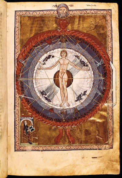 Ms 1942 The Cosmic Spheres and Human Being, Hildegard of Bingenin visio elokuvasta "Liber Divinorum Operum", n. 1220-30 tekijältä German School