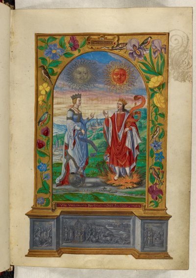 Ms Harley 3469 f.10 Miniatyyri kuningas ja kuningattaresta, joissa on kääröjä, Salomon Trismosinin Splendor Solisista tekijältä German School