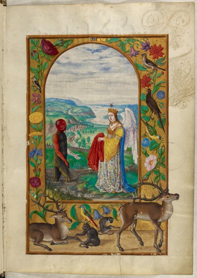 Ms Harley 3469, f.18 Queen tarjoaa viitta miehelle uima-altaassa, neljäs vertaus Salomon Trismosinin Splendor Solisista tekijältä German School