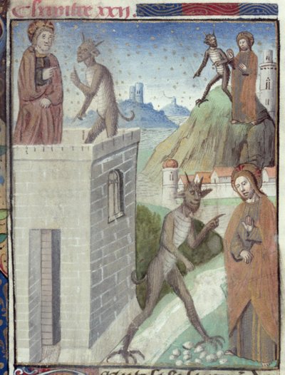 Ms Hunter 36 f.110r The Three Scenes of Temptation, Vita Christi, Ludolf of Saxony, n. 1300-7778 tekijältä German School