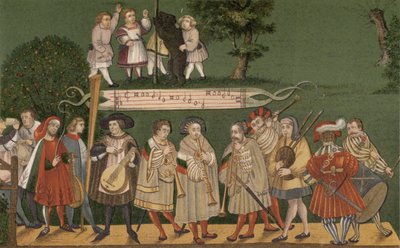 Muusikot Augsburgista, Saksasta, soittavat Geschlechtertanzin tanssijoille, 1520 tekijältä German School