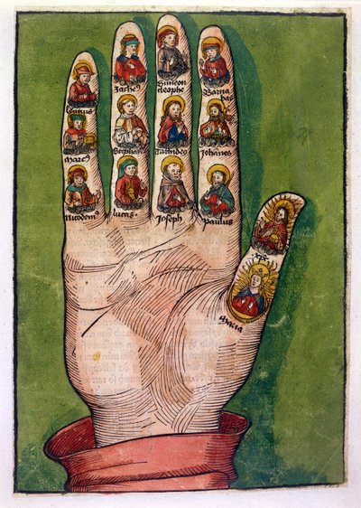 Ruotsin Bridgetan mystinen käsi, joka kuvaa Kristusta, Neitsyt Mariaa, apostoleja ja muita, 1491 (käsinvärinen kaiverrus) tekijältä German School