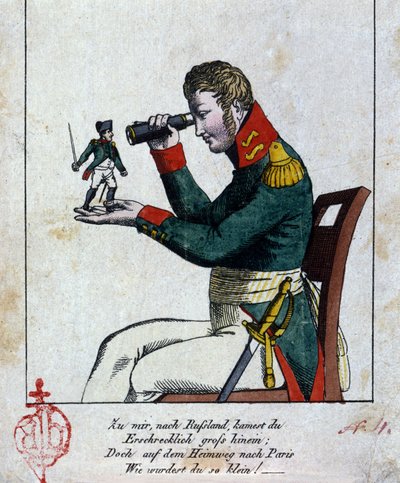 Napoleon I: Venäjän kampanja Kotona, Venäjällä, tulit hirveän isoksi, mutta matkalla takaisin Pariisiin, niin kuin olit (tuli) pieneksi! (paitsi se rimmaa!!!) Suudelma. Saksalainen karikatyyri 1800-luvulta tekijältä German School
