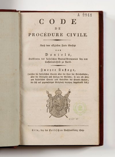 Napoleonin siviiliprosessilainsäädäntö Reinin vasemman rannan Ranskan departementeille, avoinna otsikkosivulla, Koln, 1809 (painettu paperi) tekijältä German School