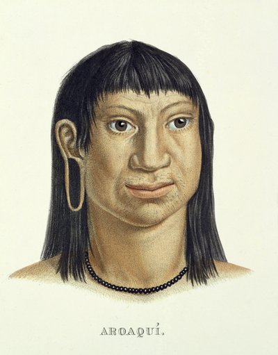 Aroaqui-heimon syntyperäinen mies, Johann Baptist von Spixin (1781-1826) ja Karl Friedrich Philipp Martiuksen (1794-1868) julkaisusta Atlas of a Journey in Brazil, julkaistu noin 1835-1850. tekijältä German School