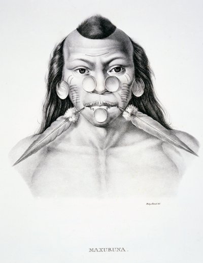 Maxuruna-heimon alkuperäismies, kasvokoristeella, Atlas of a Journey in Brasiliassa, kirjoittaneet tohtori von Spix ja tohtori von Martius tekijältä German School
