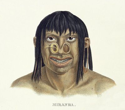Miranha-heimon syntyperäinen mies, nenäkoristelu, Johann Baptist von Spixin (1781-1826) ja Karl Friedrich Philipp Martiuksen (1794-1868) Atlas of a Journey in Brazil, julkaistu n. 1835-1850 (col) tekijältä German School