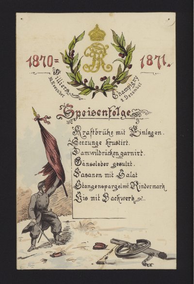 Miehittäjäsaksalaisten järjestämät uudenvuodenjuhlat Villiersissä ja Champignyssa, Pariisissa, 30. joulukuuta 1870 ja 2. tammikuuta 1871 (värilitho) tekijältä German School