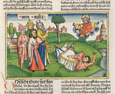 Numero 16 32 Maa nielee kapinalliset Datanin ja Abiramin, Nürnbergin Raamatusta (Biblia Sacra Germanaica) (värillinen puupiirros) tekijältä German School