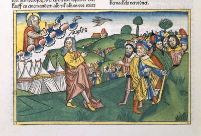 Numerot 1 1-20 Valmistautuminen matkalle Siinain vuorelta, Nürnbergin Raamatusta (Biblia Sacra Germanaica) (värillinen puupiirros) tekijältä German School