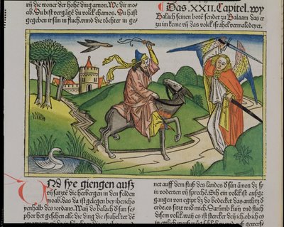 Numerot 22 20-35 Balaams puhuva aasi, Nürnbergin Raamatusta (Biblia Sacra Germanaica) (värillinen puupiirros) tekijältä German School