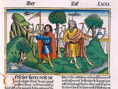 Numero 2 Israelilaisten leiritehtävät, Nürnbergin Raamatusta (Biblia Sacra Germanaica) (värillinen puupiirros) tekijältä German School