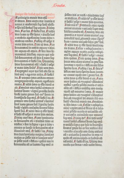 Ensimmäinen Mooseksen kirja Gutenbergin Raamatusta, painettu Johannes Gutenberg (n. 1400-68) ja Peter Schoeffer (1425-1502) Mainzissa, 1454-56 (painettu paperi) tekijältä German School
